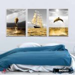 Bộ 3 tranh decor con thuyền, biển và cá heo - vàng - DC007