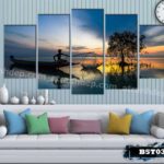 Bộ 5 tranh canvas treo tường phong cảnh ngư dân ra khơi lúc bình minh - B5T034