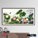 Tranh canvas thủy mặc hoa sen và uyên ương khung sang trọng- HS009