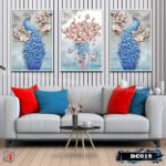 Bộ 3 tranh decor chim công và bình hoa-DC019