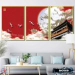 Bộ 3 tranh canvas treo tường Decor phong cách tân cổ điển, họa tiết đỏ, vàng - DC060