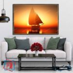 Tranh canvas phong thủy treo tường - Cánh buồm hoàng hôn - TBXG011 - Khung hoa văn viền mỏng - 120x80cm