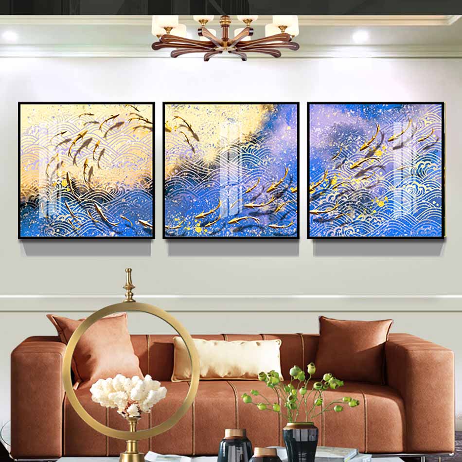 DC142a Bộ 3 tranh canvas treo tường Decor Họa tiết đàn cá cách điệu, phong cách hiện đại - DC142 - Ảnh 1