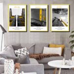 Bộ 3 tranh canvas treo tường Decor Họa tiết kiến trúc tone vàng, xám - DC201